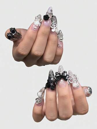 Kawaii Punte di unghie finte in stile ballerina con bordo in pizzo, fiocco romantico a forma di cuore, ali bianche in metallo e nota musicale rosa, prodotte in serie per un look energico da ragazza, adatte per uscite quotidiane e appuntamenti