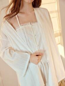 MOTF PREMIUM 3PCS SOLID LACE INSERT CAMI TOP & WIDE LEG PANTS & BELTED ROBE PAJAMA SET - White - View 2