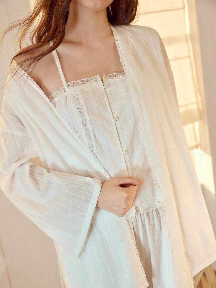 3PCS SOLID LACE INSERT CAMI TOP & WIDE LEG PANTS & BELTED ROBE PAJAMA SET