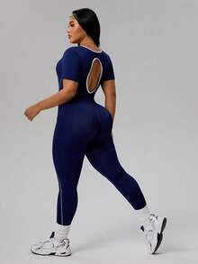 SHEIN Sports 大码女士无缝露背连体裤，瑜伽健身紧身裤 - 藏蓝色 - 查看 2