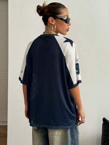 StreetHx Áo thun nữ dáng rộng in họa tiết khối màu lưới thoáng khí, thời trang xuân/hè - Màu xanh lam - Xem 2