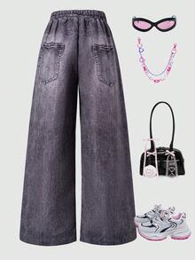 SHEIN ChillGRL Tween Girls' Cute Cartoon Rabbit Print Wide Leg Pants - Dark Grey - View 2