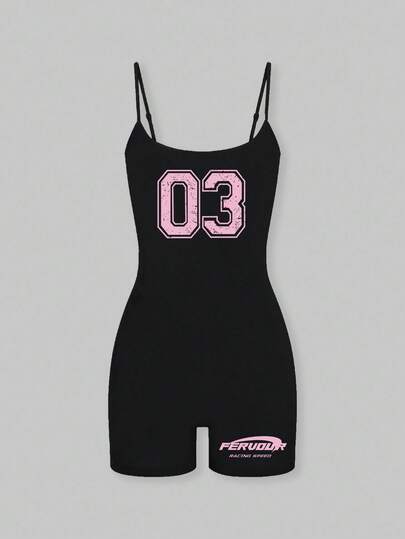 SHEIN ChillGRL 青少年女孩字母印花运动休闲吊带背心黑色可调节连体衣 2025 开学季儿童学院风服装和校园运动装