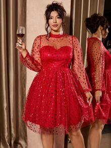 Cravure Váy dài tay họa tiết trái tim, thắt eo cỡ lớn dành cho nữ - Đỏ - Xem 7