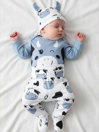 SHEIN 3件套男婴可爱奶牛主题长袖连体衣、裤子和帽子套装，睡衣