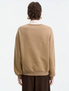 SHEIN LUNE Women's Solid Color Round Neck Drop Shoulder Long Sleeve Loose Fashion Versatile Rhinestone Embellished Sweatshirt - Khaki - View 3
