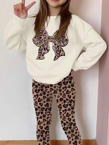 SHEIN Leap Crew 两件套少女休闲宽松加厚柔软舒适圆领长袖卫衣和打底裤，象牙色，豹纹亮片蝴蝶结图案，适合秋冬季穿着 - 彩色 - 查看 5