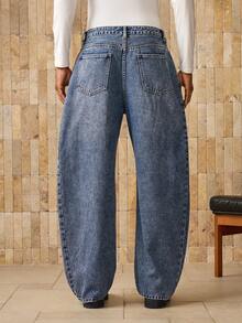 AKNOTIC Pantalones casuales rectos y sueltos tejidos para hombres, uso diario de moda - Azul lavado oscuro - Ver 5