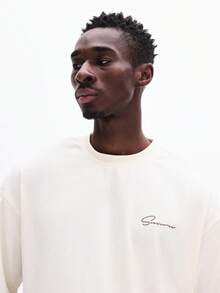 SUMWON Áo thun cotton cổ tròn tay ngắn dáng ôm vừa vặn dành cho nam, in logo toàn bộ lưng, thường ngày mùa hè - Màu be - Xem 3