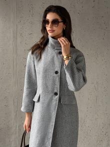 Firerie Women's Elegant Minimalist Commuter Urban Chic New Arrival Casual Stand Collar Button Herringbone Wool Blend Long Coat, Autumn/Winter - Grey - View 2