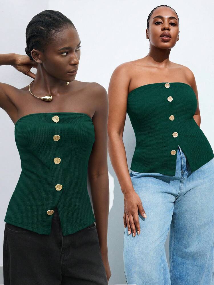 SHEIN Maija Plus Size Women's Metal Button Color Block Front Slit Hem Tube Top, Urban Commute Business Casual Elegant, Suitable For Christmas, New Year Party, Wedding Guest, Beach Costume Party Beach Wedding Vacation Casual
