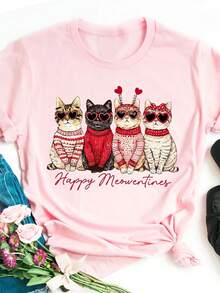 EMERY ROSE Áo phông Happy Meowentines, Áo phông Valentine hình mèo dễ thương, Quà tặng cho người yêu mèo vui nhộn, Áo phông ngày lễ tình nhân hình mèo con dễ thương, Áo phông Valentine hình mèo, Quà tặng cho cô ấy - Hồng - Xem 1