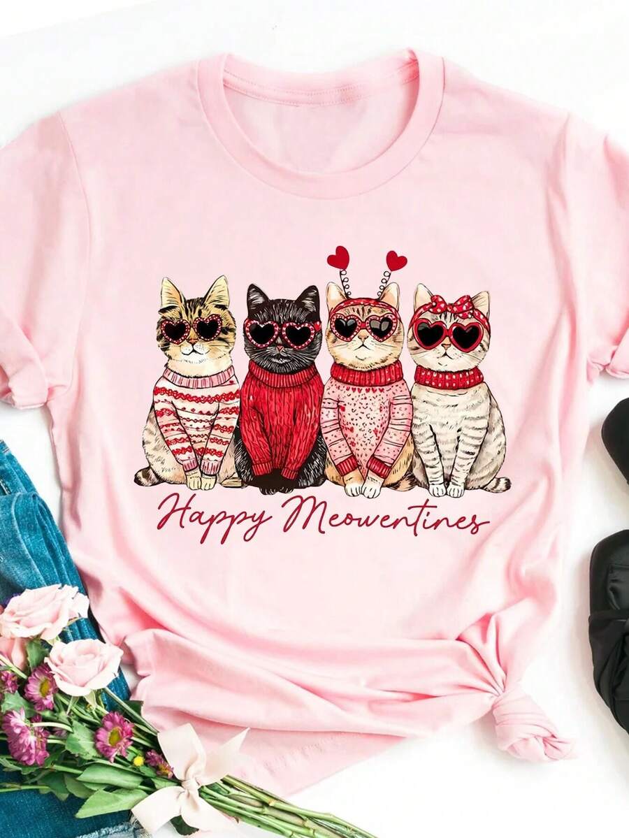 EMERY ROSE Áo phông Happy Meowentines, Áo phông Valentine hình mèo dễ thương, Quà tặng cho người yêu mèo vui nhộn, Áo phông ngày lễ tình nhân hình mèo con dễ thương, Áo phông Valentine hình mèo, Quà tặng cho cô ấy - Hồng - Xem 1