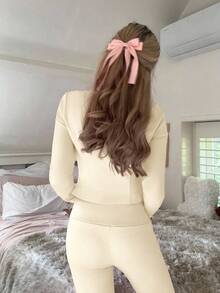 SHEIN EZwear 3件套针织杏色休闲运动服套装（女士款） - 杏色 - 查看 6