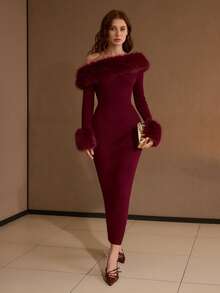 MOTF PREMIUM WOMEN'S ELEGANT LONG KNITTED DRESS WITH FAUX FUR PATCHWORK OBLIQUE SHOULDER, AUTUMN/WINTER - Burgundy - View 4