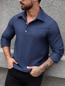 Manfinity Homme Men's Solid Color Polo Collar Long Sleeve Casual Commuter Shirt Navy Blue Men Shirt Blue Tops For Men Royal Blue Shirt For Men Blue Designer Shirt - Navy Blue - View 4