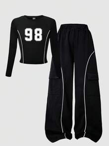 SHEIN Explorewe 2pcs/Set Setelan Kaos Lengan Raglan Hitam Putih dan Celana Kargo untuk Anak Perempuan Remaja, Desain Patchwork Motif Koboi Musim Gugur untuk Kembali ke Sekolah Musim Gugur Musim Dingin - Hitam - View 3