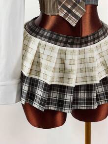 Amplova Bộ 3 món dành cho nữ gồm áo sơ mi kẻ caro, áo vest kẻ caro và chân váy mini kẻ caro chắp vá, gợi cảm và tiên phong, thích hợp mặc hàng ngày - Nhiều màu - Xem 6