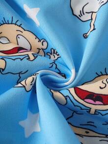 Nick 90s | SHEIN Baby Boy Cartoon Figure Graphic Cute Blue Long Sleeve Hoodie And Pants Set - Blue - View 6