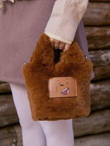 We Bare Bears X SHEIN Ladies Women Top Handle Bags,Crossboby Bags, Cute Cartoon Bear Pattern Faux Fur Plush Bag,Fashionable, Personalized, Simple, Versatile, Hot Girls, Y2k, Autumn And Winter - Brown - View 4