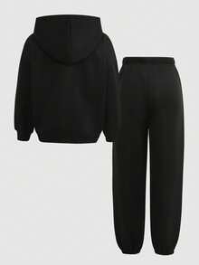 SHEIN 少女两件套服装，黑色连帽卫衣，秋季休闲套装，适合儿童日常穿着，返校、典礼、日常、学校、旅行、运动、秋冬季、新年、圣诞节等场合。 - 黑色 - 查看 4