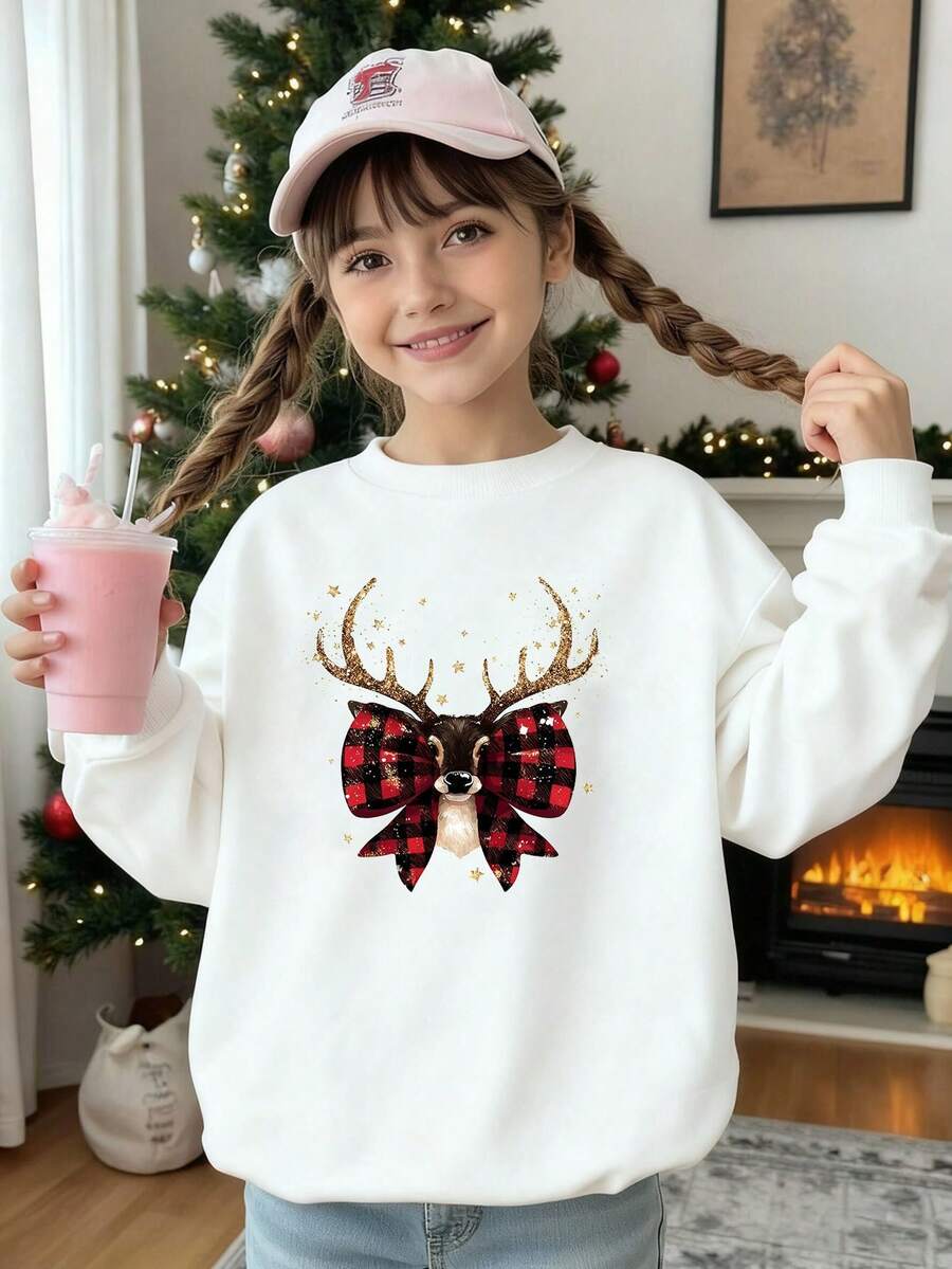 SHEIN Tween Girl Casual Christmas Reindeer Print Round Neck Drop Shoulder Sweatshirt, Autumn/Winter - White - View 1