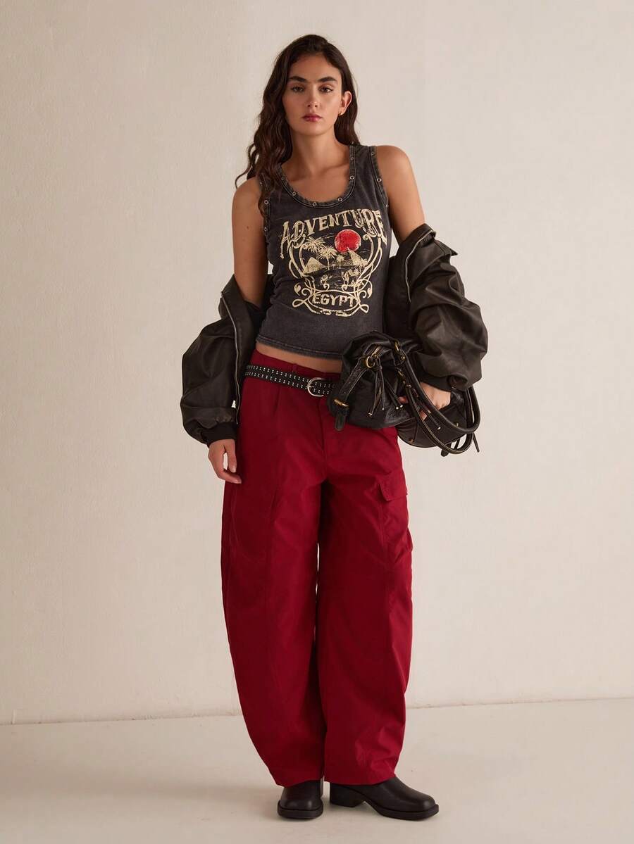 Easelle 街头风休闲红色编织弯刀女裤 - 酒紅色 - 查看 1