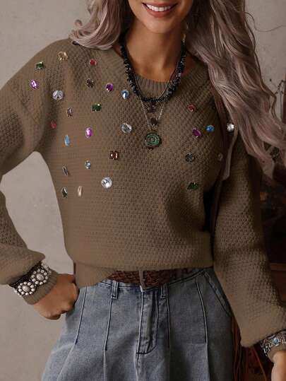 LanaWest Women's New Autumn/Winter Round Neck Fashion Handmade Rhinestone Knit Loose Casual Western Style Versatile Long Sleeve Pullover Sweater