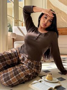 SHEIN Plus Size Casual Sexy Solid Color Button Long Sleeve Top & Plaid Pants PJS Curve Two Piece Set Plus Size Lounge Set Plus Size 2 Piece Set Brown Pj Set - Multicolor - View 5