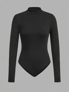 SHEIN EZwear 多色针织女式立领长袖休闲连体衣 - 酒紅色 - 查看 4