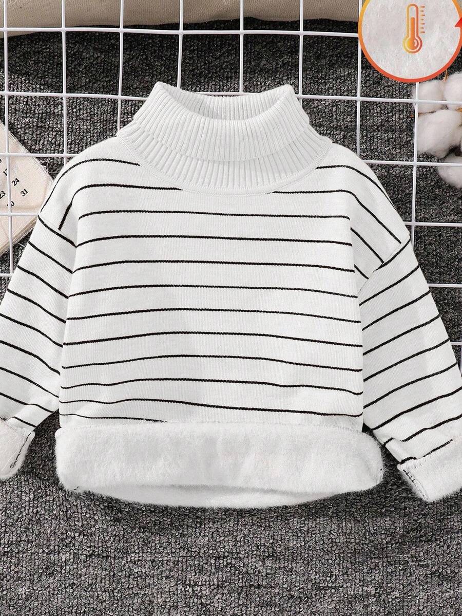 SHEIN Boys' Striped Turtleneck Long Sleeve Knit Sweater,White,Autumn,80s,School,Back-To-School,Comfortable Versatile Preppy All-Match School Uniform - White - View 1
