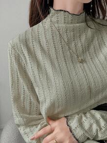 FRIFUL 女士休闲纹理荷叶边下摆长袖T恤，秋季款 - 淺藍色 - 查看 5