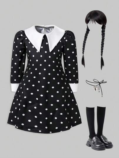 SHEIN Young Girl' Gothic Polka Dot Ruffle Collar Black Dress, Black Party Dress, Girls' Halloween Goth Dress, Suitable For Commuting, Outings, Performances, Parties, Autumn And Winter