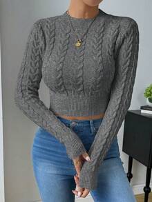 SHEIN Raffinéa Women's Autumn/Winter Cable Pattern Crew Neck Long Sleeve Cropped Fitted Sweater - Dark Grey - View 4