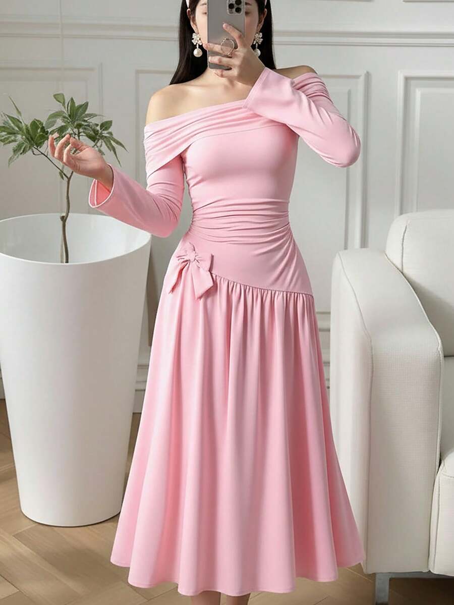 Teen Girl Off Shoulder Ruched Waist Dress, French Bow Decor Flare Sleeve Dress - Pink - View 1