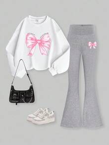 SHEIN ChillGRL 2pcs/Set Tween Girl Butterfly Print Crew Neck Sweatshirt And High Waist Knitted Flare Pants Y2K Outfit - White - View 1