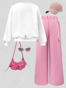 SHEIN ChillGRL 2 件套 Tween Girl 口号印花字母白色圆领运动衫搭配时尚休闲卡其色工装裤，休闲街头风格 - 粉色 - 查看 2