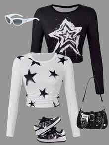 SHEIN ChillGRL 2 Stücke Grafik-Muster Langarm-Shirts für Tween Mädchen