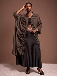 Veslaya Plus Size Women's Solid Color 3/4 Sleeve Single-Breasted Pleated Long Loose Jacket/Winter - Brown - View 4