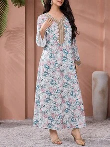 Al Najma 女士花卉印花钩编拼接长袖连衣裙，优雅端庄的A字型卡夫坦长袍，适合晚宴/婚礼宾客/周年纪念/日常穿着 - 彩色 - 查看 3