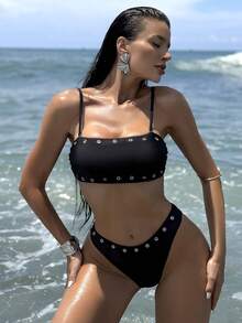 Swim Vcay 海滩度假女士无肩带比基尼套装 - 黑色 - 查看 3