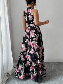 Elenzga Đầm dài cổ chữ V họa tiết hoa thanh lịch dành cho nữ cỡ lớn - màu đen - Xem 2