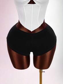 Amplova 女士黑红撞色情人节紧身短裤，饰有心形亮片，性感设计，适合情人节、约会之夜穿着，闪亮性感短裤，女士必备 - 黑色 - 查看 3