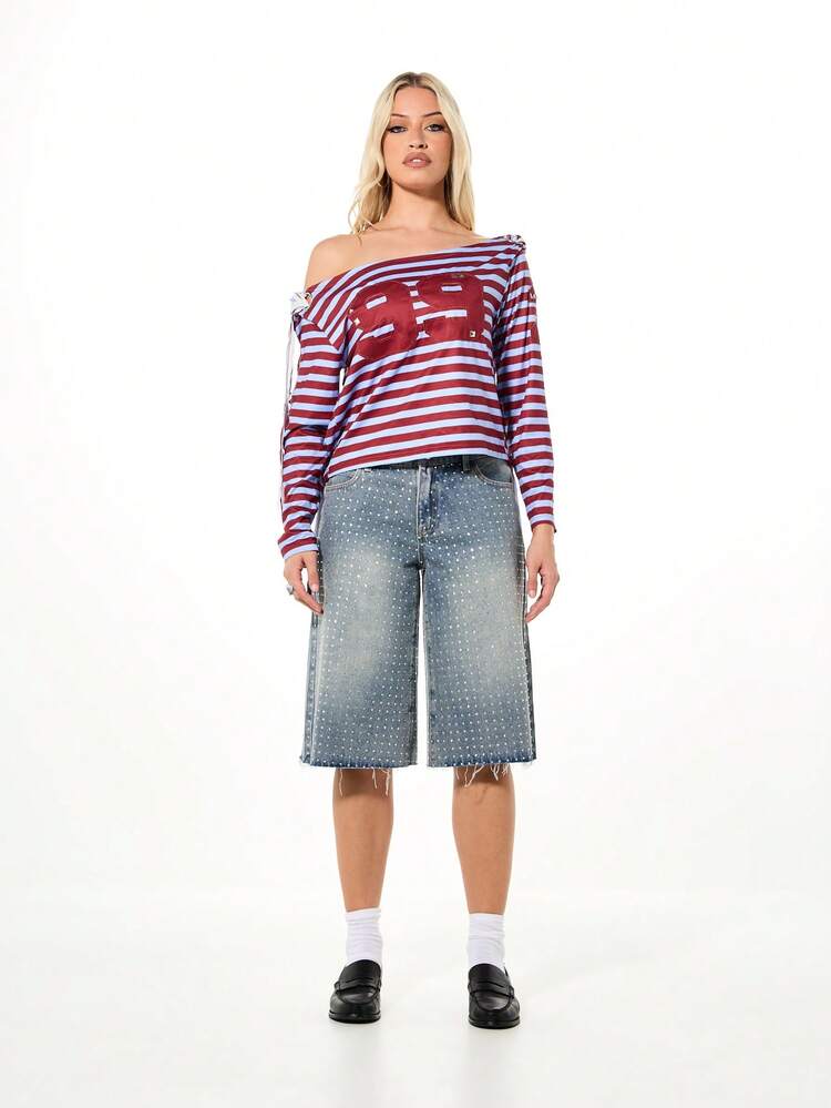 SUMWON WOMEN Off Shoulder Striped Top With Slashed Back