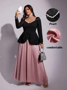 Vestido de cóctel de manga larga, elegante y de lujo, con bloque de color y decoración de perlas, estilo línea A, para mujer talla grande, color rosa, de Viva Relle - Multicolor - Ver 1