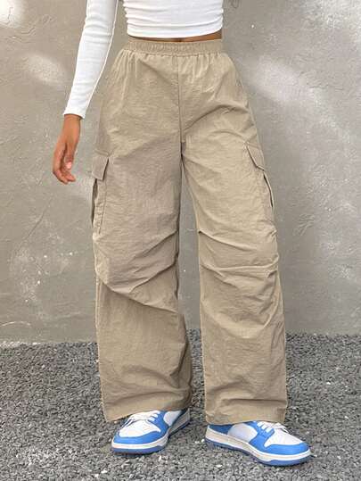 Coolane 青少年女孩纯色抽绳裤，黑色裤子