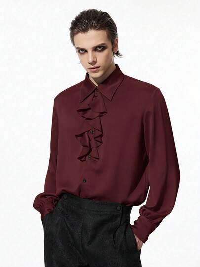 Chemise ample à col jabot de style gothique sombre et élégant pour hommes, couleur unie, printemps/automne