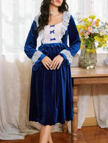Côtesoire 法式优雅浪漫蕾丝边蝴蝶结装饰喇叭袖高腰女士睡裙，冬季 - 藏蓝色 - 查看 3