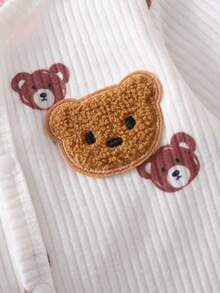 新生儿米色小熊图案长袖连体衣带帽子套装