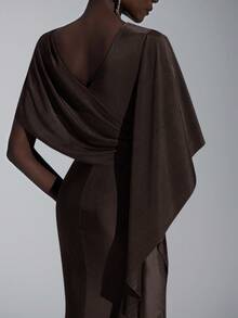 Elitara Elegant Luxurious Satin Ruffle Sleeve Sexy Slit Fishtail Bridesmaid Dress - Coffee - View 2